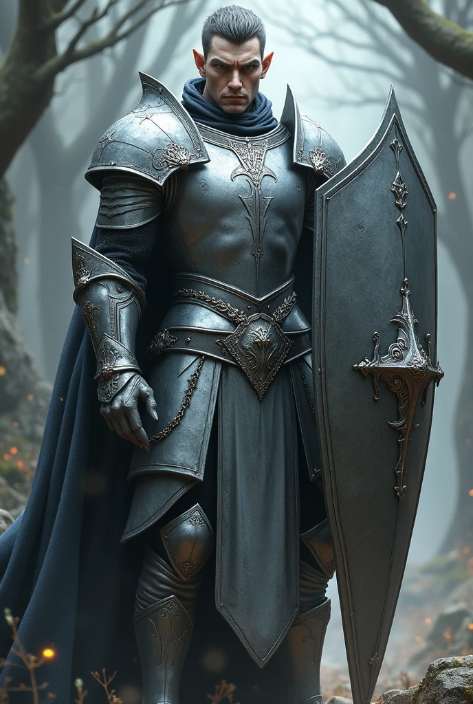 Male elf dark short hair White skin dark blue eyes no beard with silver heavy armor ,masse and tower shield