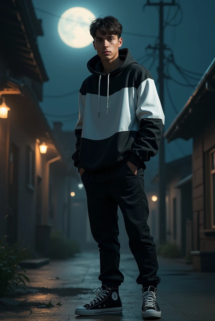 A 18years boy old mordan hear stayle shoes in black and whaith hoodie si name Geeta Real stic ackgaruand Night moon said in girl very smarts hoodie si name geeta said si girl