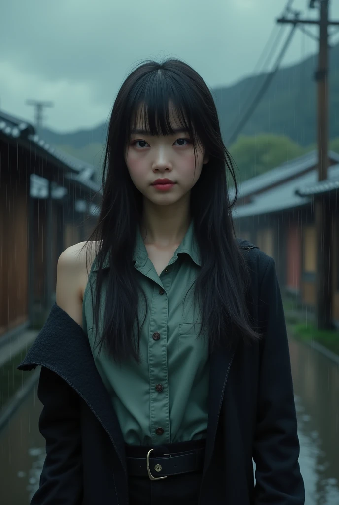 Best quality, masterpiece, ultra high res, (photorealistic:1.4), raw photo, girl, cinematic lighting, (japanese village, rain, dark clouds), single bare shoulder, ((collared shirt)), blazer, body shot, bangs, long hair