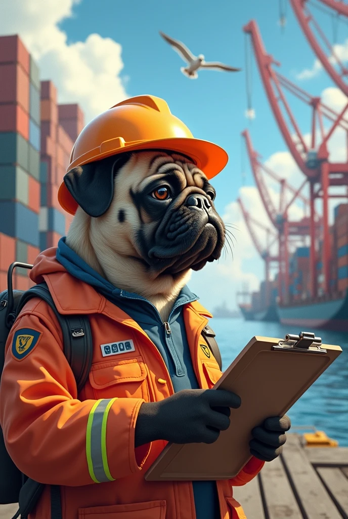 a pug engineer dog in a port loading ships.









