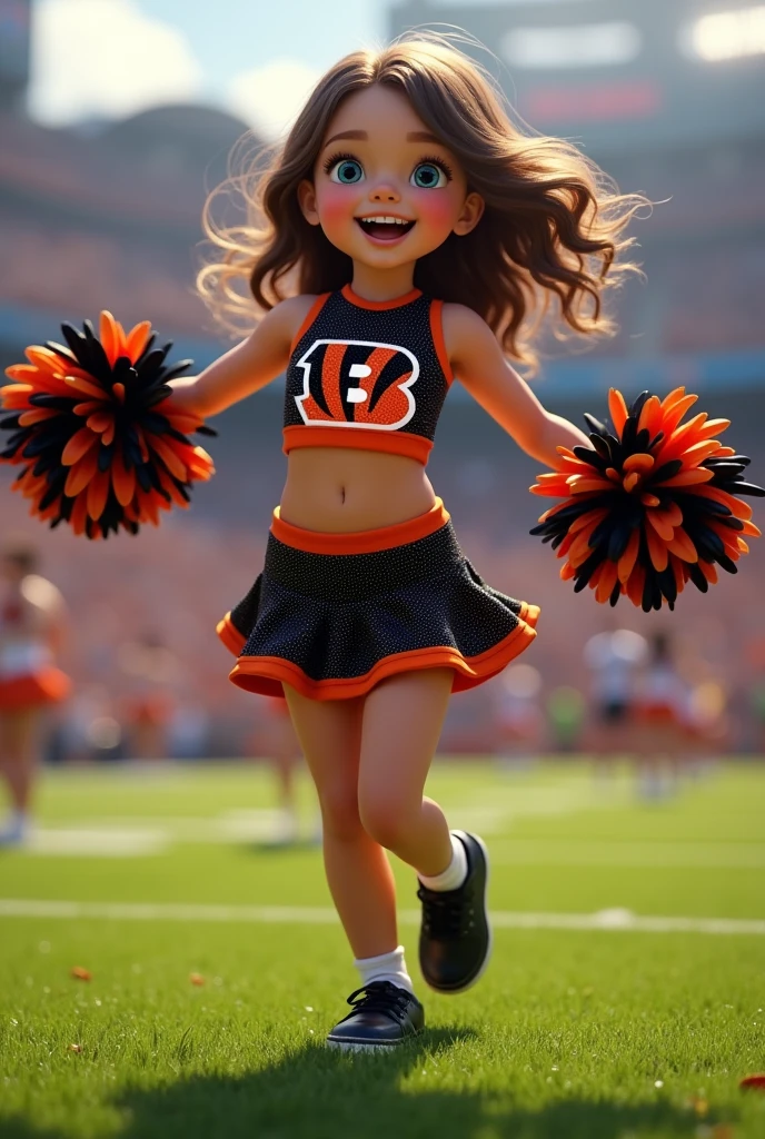 Bengals cheerleader Child with brown hair blue eyes on football field
Black & orange sparkly outfit with black shoes & no socks