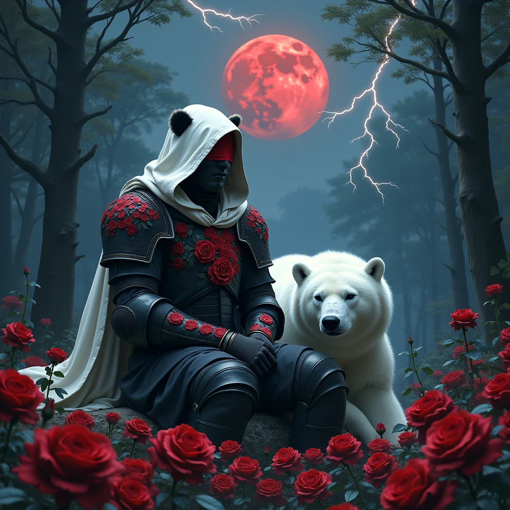 Male knight with a white hood with bear ears with sword behind his back sits next to a polar bear in a forest while the moon shines, many Roses cover the ground and lightning falls from the sky. The polar bear has black eyes and a calm appearance. Only the man wears a red blindfold. In the background of the picture is the blood moon. The forest is full of trees with leaves. The armor of the man is black with red roses on it.