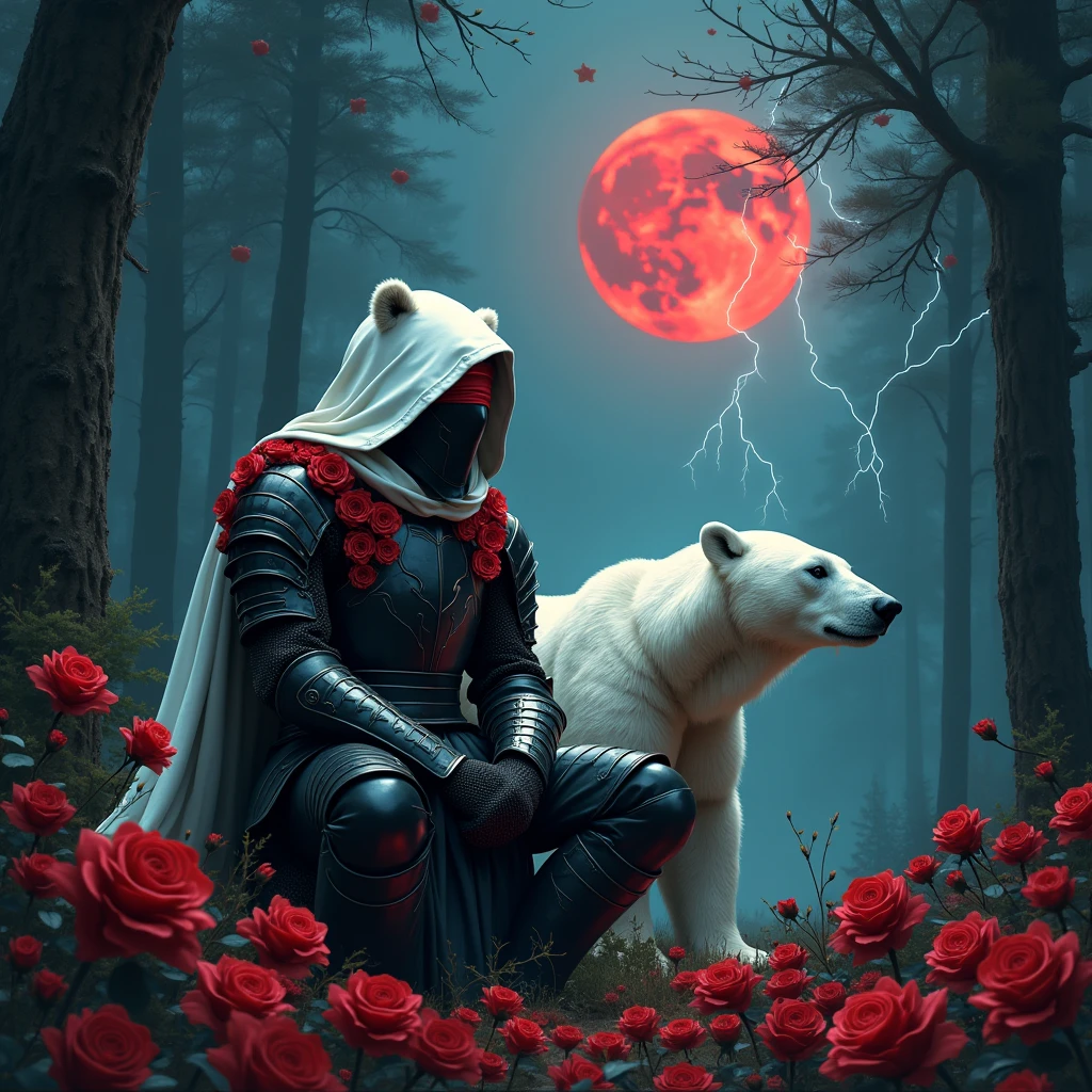 Male knight with a white hood with bear ears with sword behind his back sits next to a polar bear in a forest while the moon shines, many Roses cover the ground and lightning falls from the sky. The polar bear has black eyes and a calm appearance. Only the man wears a red blindfold. In the background of the picture is the blood moon. The forest is full of trees with leaves. The armor of the man is black with red roses on it.