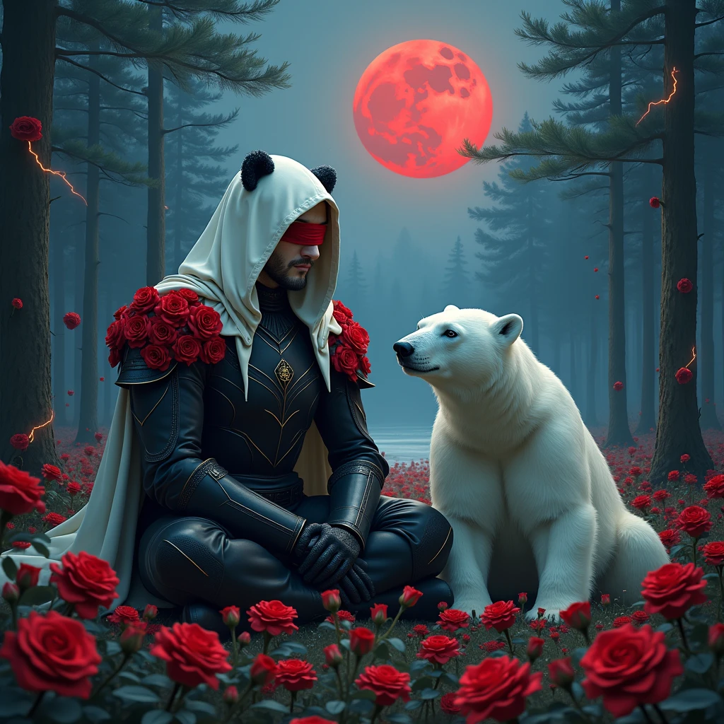 Male knight with a white hood with bear ears with sword behind his back sits next to a polar bear in a forest while the moon shines, many Roses cover the ground and lightning falls from the sky. The polar bear has black eyes and a calm appearance. Only the man wears a red blindfold. In the background of the picture is the blood moon. The forest is full of trees with leaves. The armor of the man is black with red roses on it.