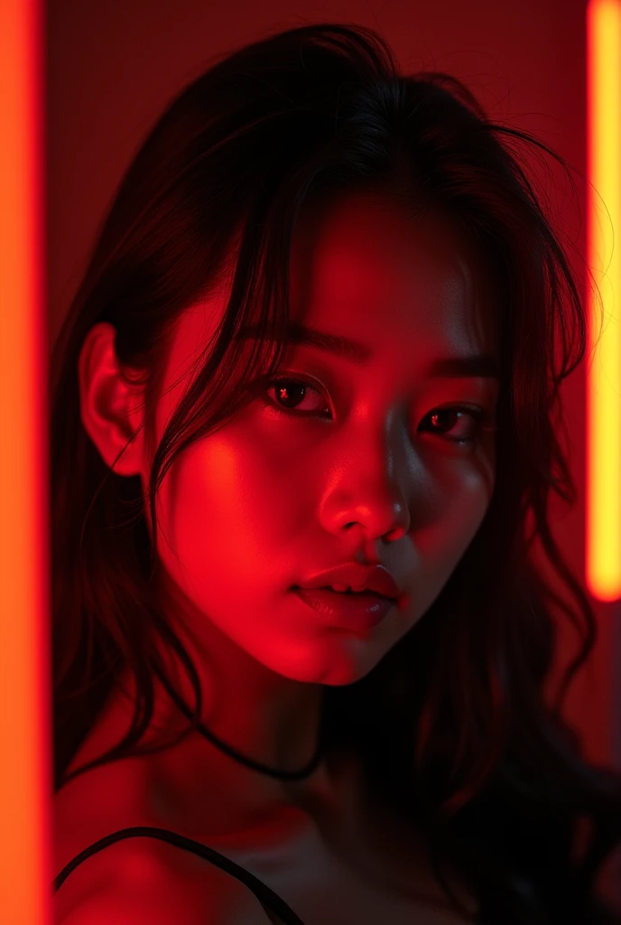 berpunk Fashion、Red or orange neon、Cyberpunk movies、Raw photo of beautiful Korean 20 year old woman、Half Face、deep in the night、darkened room、hightquality、More skin、Lustrous skin、clearface、cinema shot、nffsw、foco nítido
