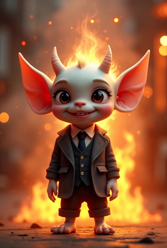 logo for package"An image of a stylish goblin with a focus on a heat-generating feature, designed for Korean toddlers. The goblin is wearing a sleek, modern suit, giving it a smart and elegant appearance. It has a bright smile and large, friendly eyes, with small, cute horns. The goblin exudes a warm, glowing aura to emphasize the heat-generating ability. The background is vibrant and lively, appealing to young children while highlighting the goblin's unique, warm energy."