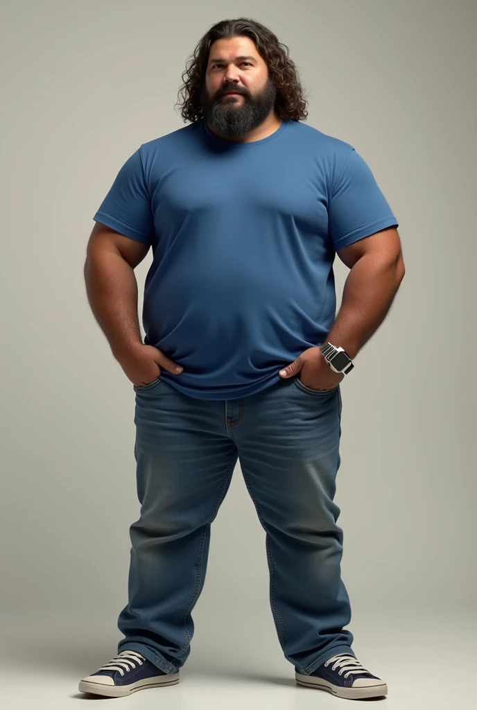 Realistic image Man with 1.75 and tall, brown skin type light caramel color, long curly hair below the shoulder, has brown eyes, small, has a well-groomed and full beard, big ears and uses a silver size 6 expander on one side only. Strong and well distributed body. wear casual clothes, likes blue t-shirts without print, jeans and casual sneakers