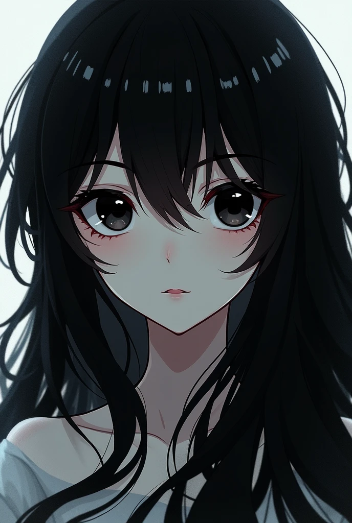 Black-eyed girl face, long black anime style hair 