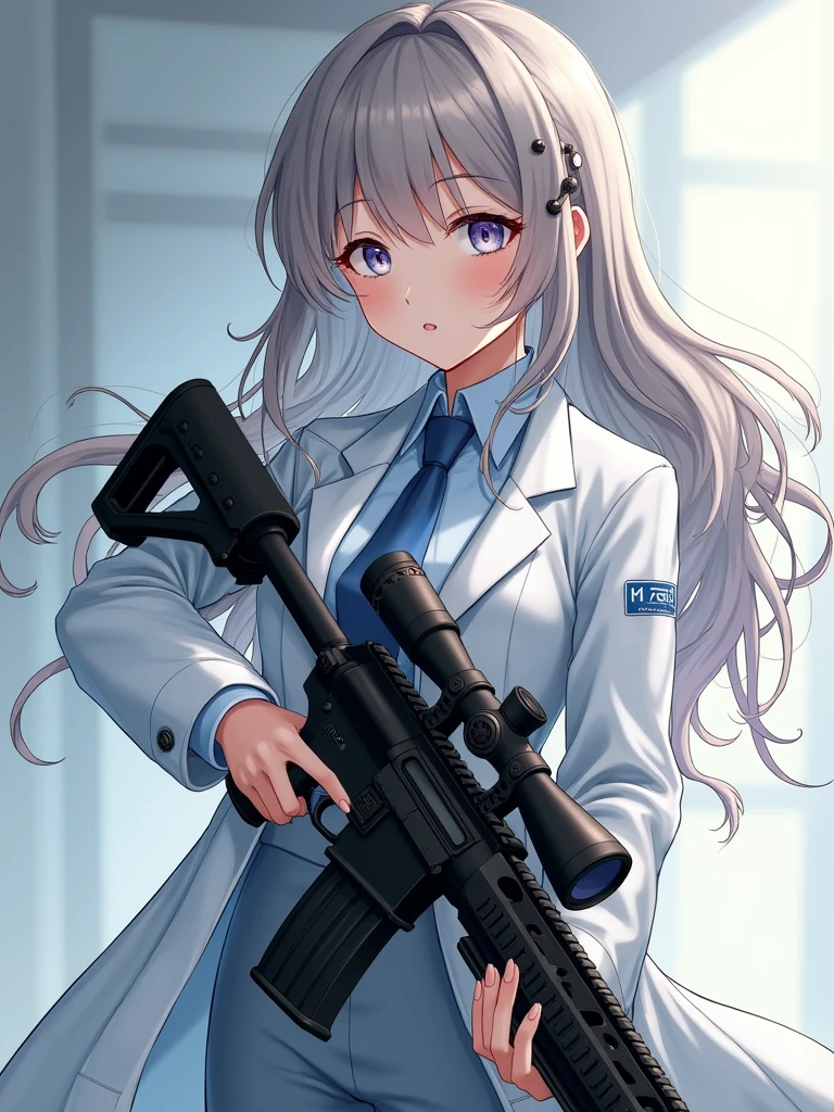 1 girl ,scientist girl, labcoat, holding a heavy sniper rilfe, beautiful clothes, (low quality:1.3), anime style, from girls frontline, fine details. girls frontline, girls frontline universe, girls frontline style, girls frontline, girls frontline cg, soft anime illustration, 2 0 2 2 anime style, 2022 anime style, pixiv contest winner, pretty anime character design, render of april