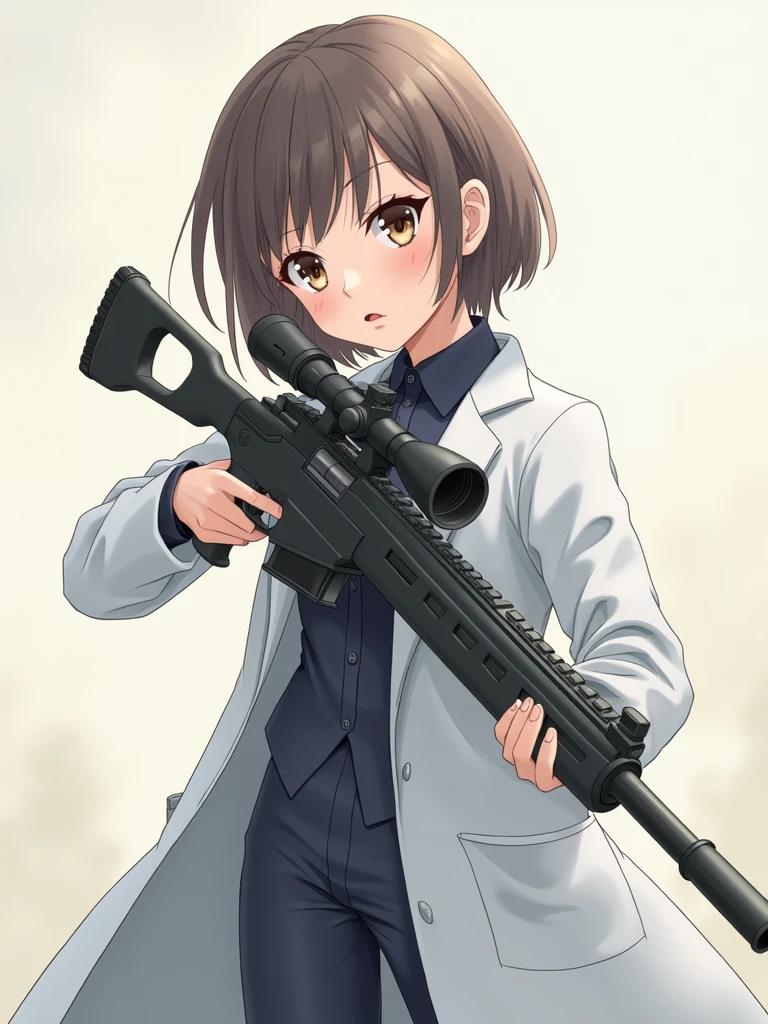 1 girl ,scientist girl, labcoat, holding a heavy sniper rilfe, (low quality:1.3), anime style, from girls frontline, fine details. girls frontline, girls frontline universe, girls frontline style, girls frontline, girls frontline cg, soft anime illustration, 2 0 2 2 anime style, 2022 anime style, pixiv contest winner, pretty anime character design, render of april