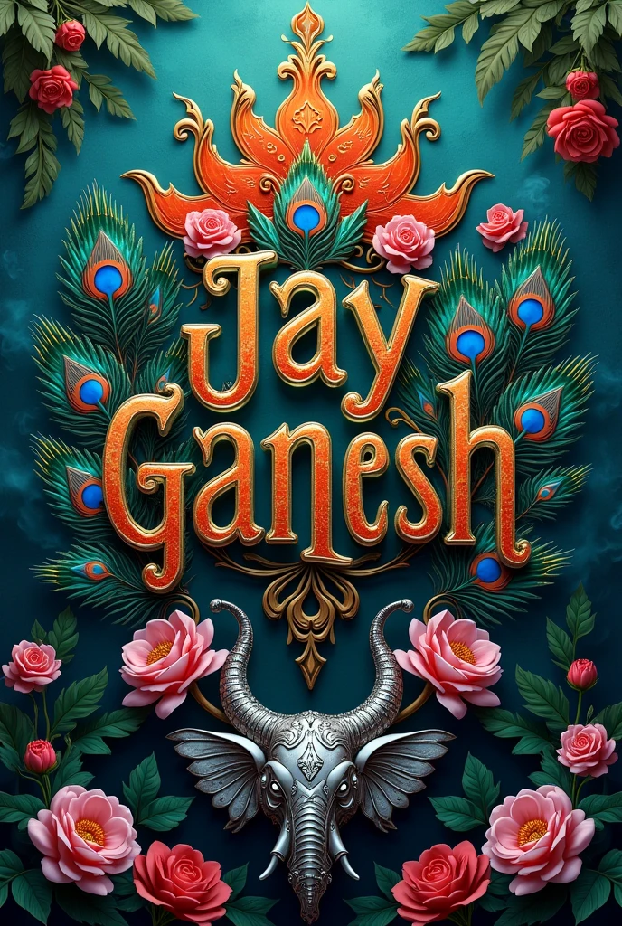 A colorful artistic composition featuring the word Jay Ganesh rendered in ornate, metallic letters. Surrounding it are vibrant peacock feathers in shades of green, blue, and red, along with pink flowers and wisps of smoke. A silver Mushak, intricately detailed, is positioned diagonally across the bottom of the image, set against a rich green background.