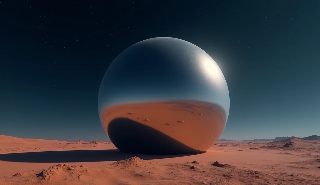 a massive mirror smooth sphere rest on the desert floor at night. photo realistic, no shadows