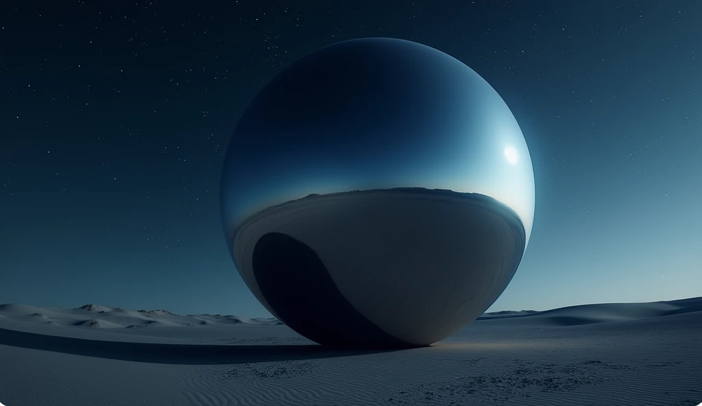 a massive mirror smooth sphere rest on the desert floor at night. photo realistic, no shadows