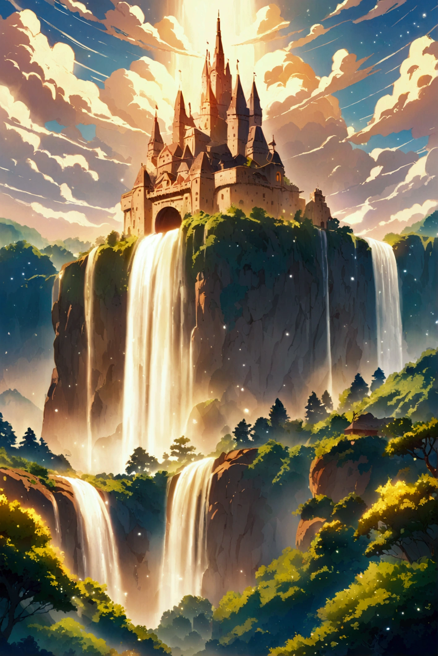(((Ghibli style))) A grand castle floating among the clouds, with lush greenery growing on its surfaces, and a waterfall cascading into the sky. Morning sunlight bathes the scene in golden light.