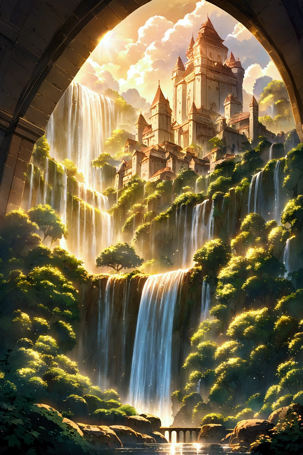 (((Ghibli style))) A grand castle floating among the clouds, with lush greenery growing on its surfaces, and a waterfall cascading into the sky. Morning sunlight bathes the scene in golden light.