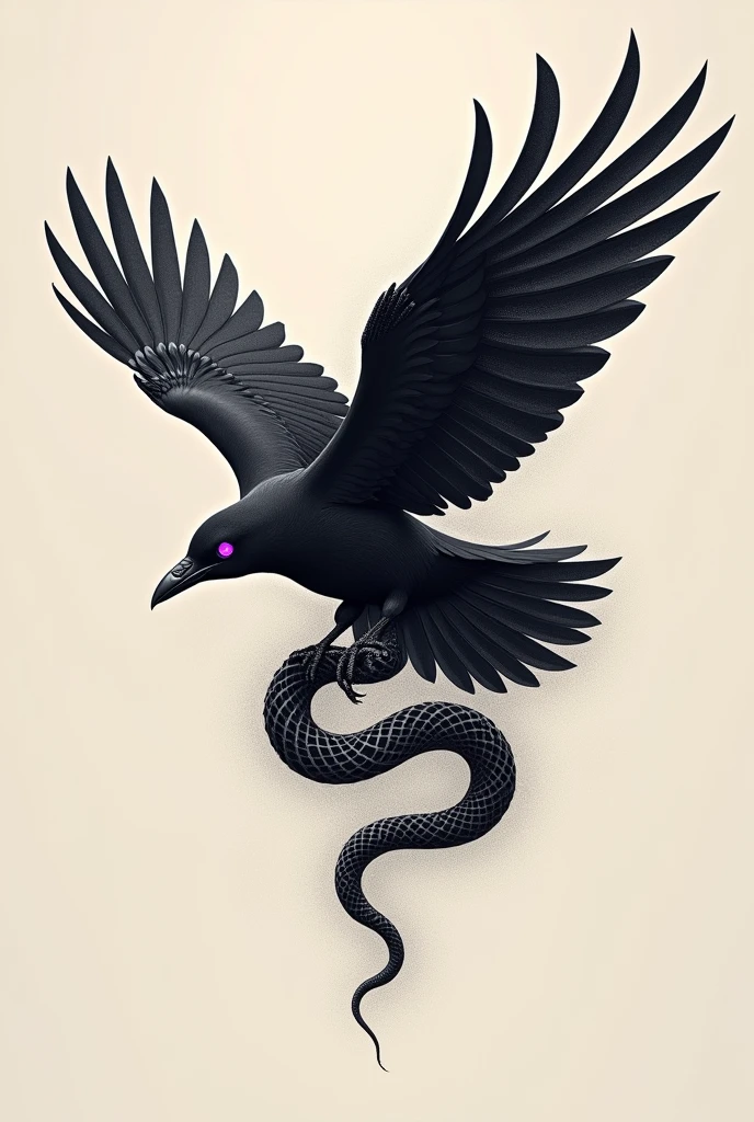tattoo Positioning: You can place the crow in a position that suggests it is in flight or perched., with the snake wrapping itself around a branch or entangling itself with the body of the crow. This can create a sense of movement and fluidity in the design..

interaction: To give it more dynamism, You could show the raven with its wings spread out., while the snake coils around one of its legs or wings. This could symbolize a symbiotic relationship or a contrast between air and earth..

Style of Details: Since you prefer few details, You could opt for clean lines and subtle shadows. Use soft gradients in black and grey to give depth without overwhelming the design.. Purple eyes can be a bright focal point that draws attention..

negative space: Play with negative space to make elements stand out without making the design look too busy.. Empty space can help the crow and snake visually separate each other., creating a harmonious balance.

texture: You can use different textures for the crow&#39;s plumage and the snake&#39;s scales., with fine lines and shading that highlight its distinctive features without overwhelming the design.