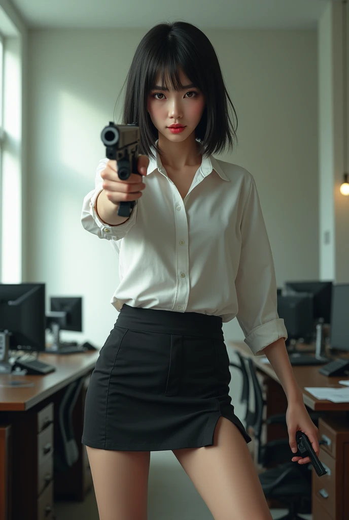 beautiful sweet big eyes office lady japanese white shirt low mini skirt standing legs open wide spreading full portrait holding rifle gun pointing at you front facing 
