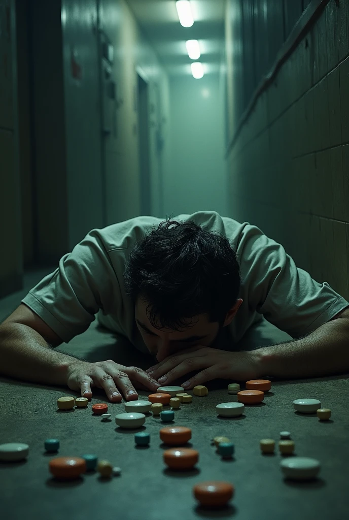 Man lying on the ground and some scattered pills