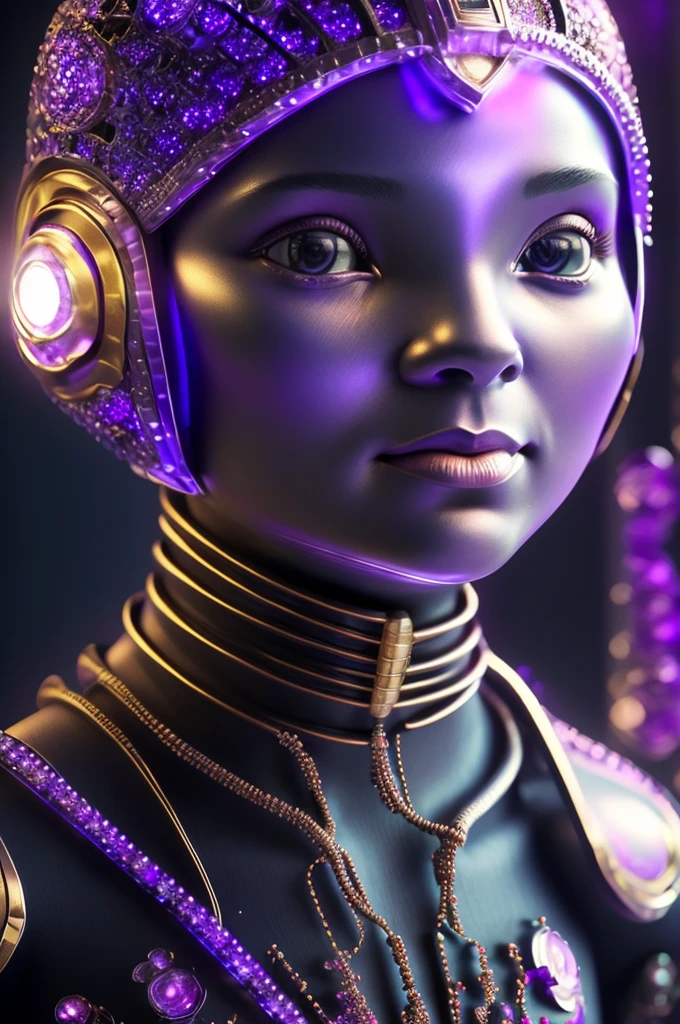 a highly detailed, hyper-realistic 3d render of a helpful AI assistant robot, specialized in gems and minerals, especially amethyst crystals, lifelike facial features, intricate mechanical details, glowing circuitry, warm studio lighting, seamless integration of organic and technological elements, rich jewel-toned colors, cinematic composition, award-winning digital art