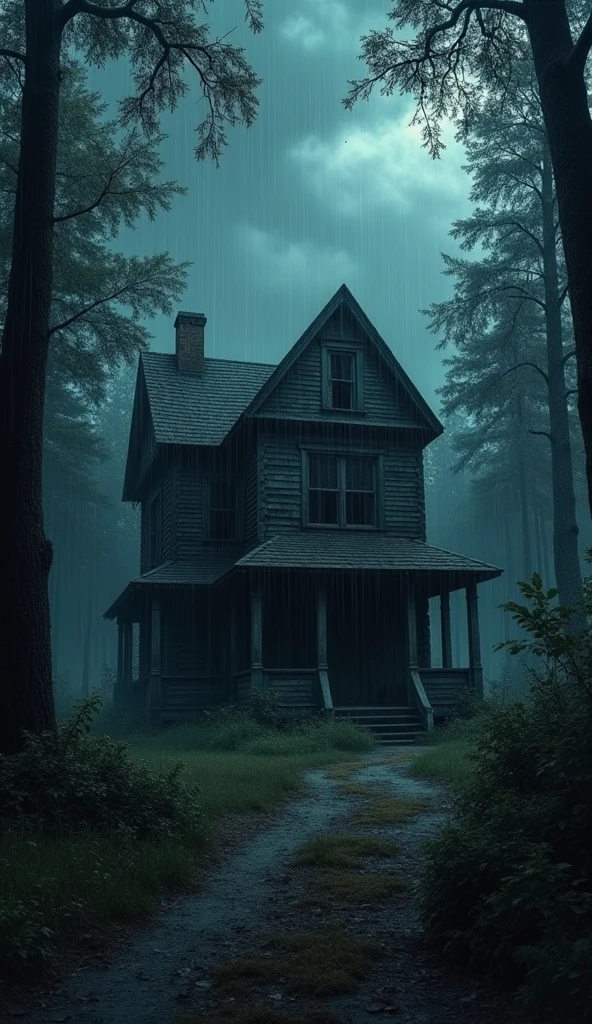 View from afar Big wooden abandoned house among the trees at midnight And the sky is raining heavily