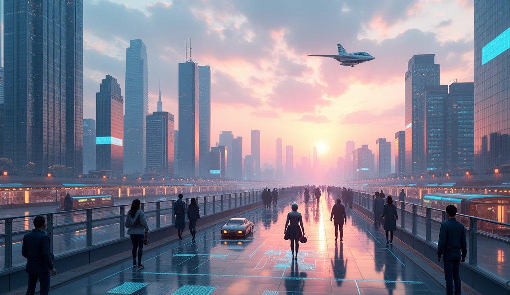 *A futuristic city skyline at dawn, showcasing advanced AI-driven technologies in action. The city should have sleek, modern buildings with digital displays, autonomous flying vehicles, and streets filled with self-driving cars. People interact with holographic interfaces, while robots assist in daily activities. The scene should convey a clean, high-tech atmosphere, with AI seamlessly integrated into everyday life.*