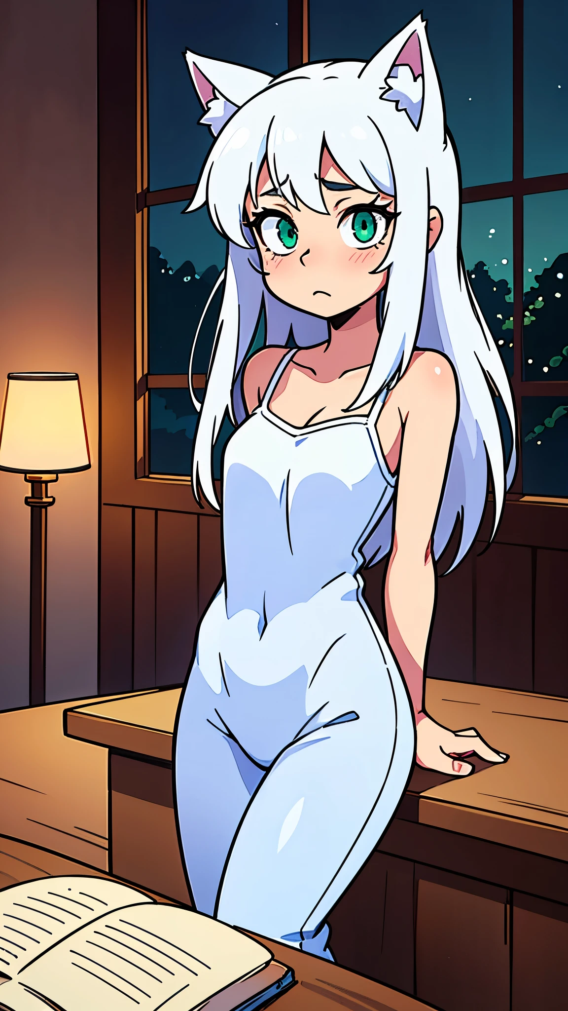 Highest quality image、Anime style illustrations、midnight、Fantasy、cat ears、beautiful、Dimly lit、Woman by the window、20-year-old、White Hair、Long Hair、Eyes glowing green、White camisole、Great style、Embarrassed look、cute、A woman with her arms behind her back looks embarrassed