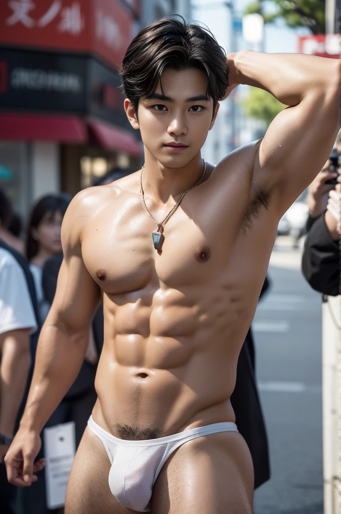 Don't close up, Tokyo street scenery, Tokyo street background, Full body photography, Crowded Tokyo street, very hot sunny day, crowded tokyi street scenery, Very micro red thong, Very hairy armpits, Very detailed finger, don't merge body, Very  Korean boy, teena (photorealistic, masterpiece, best quality), white pale skin, muscular man, hunk, charming, attractive, wearing necklace in his neck, completely naked , Realistic, fully naked, nude, perfect , male , modeling for a photoshoot, editorial style, handsome man, detailed face, Topless, shirtless,  boy, very young boy, Cinematic soft lighting illuminates a stunningly detailed and ultra-realistic handsome korean male supermodel, ultra messy curly hair, clear honey eyes, captivating perfect smile, sensual, hot man, insanely handsome, showing off his sweaty body, very sixpack muscular body build, slender, toned, full body, 8k, photography, masterpiece, detailed face, detailed eyes, detailed hands, in the crowded showing off his very bushy hairy armpits, only wearing very thin micro white thong with big hard dickprint bulge, very wet body, very sweaty body,