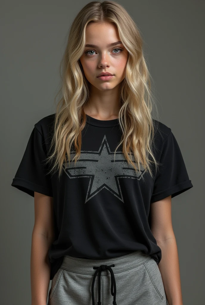 1 young girl blonde wavy long hair down to mid-back, fair skin. cute pretty. 5 foot 11 inches tall. grey eyes, slightly baggy joggers and a loose black shirt with a distressed gray insignia emblazoned across the chest,
 looks like bucky barnes's daughter