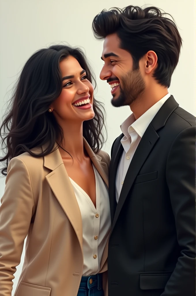 A successful 20 year old Indian female with white skin complexion, wavy shoulder length black hair wearing a beige blazer laughing with her tall handsome 20 year old boyfriend with bright skin tone, silky short black hair wearing a black colour blazer 