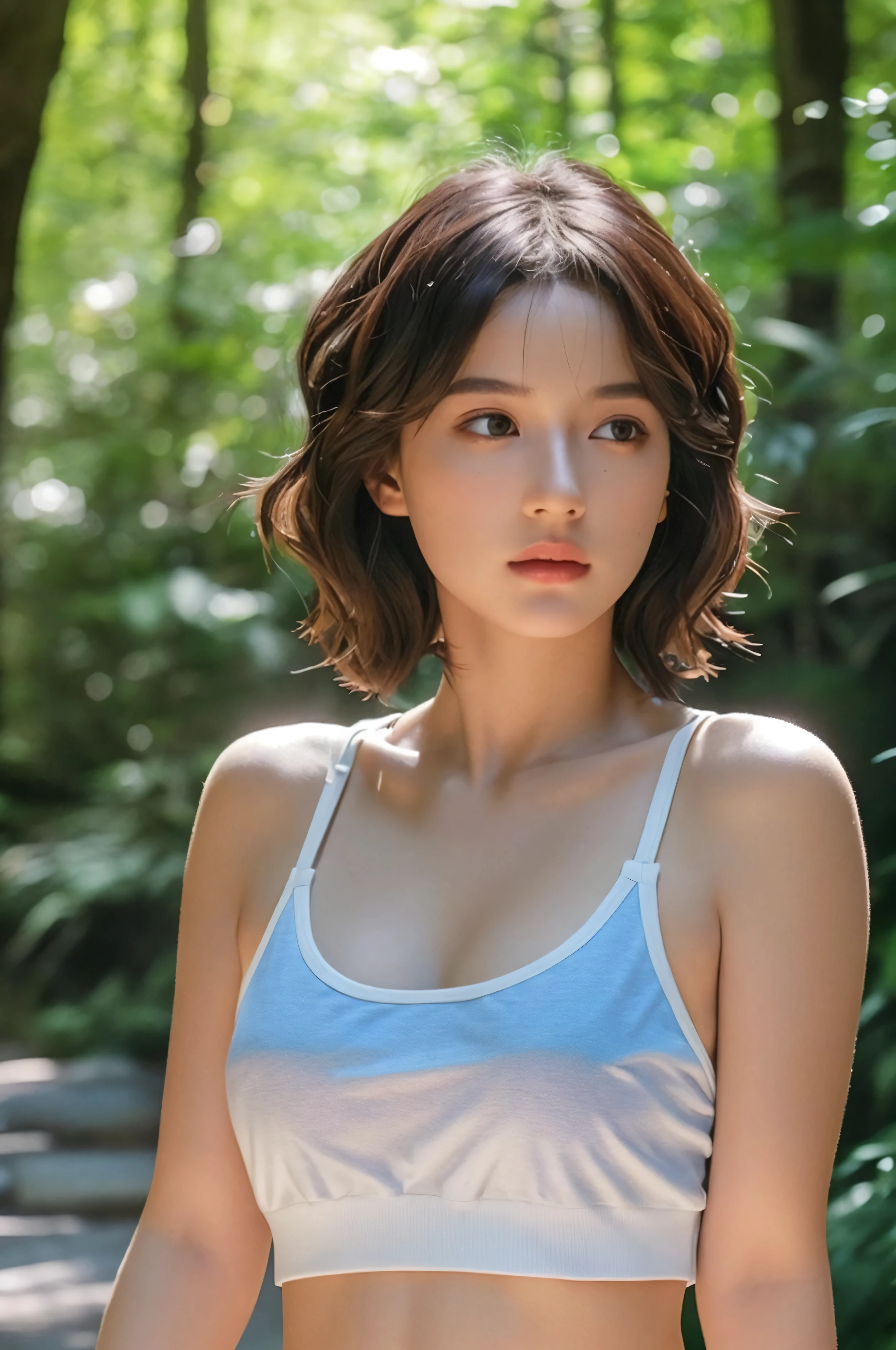 a cool summer girl with short wavy hair, wearing sportswear, walking on a stone path in the woods, dappled light and shadow, (best quality,4k,8k,highres,masterpiece:1.2),ultra-detailed,(realistic,photorealistic,photo-realistic:1.37),HDR,UHD,studio lighting,ultra-fine painting,sharp focus,physically-based rendering,extreme detail description,professional,vivid colors,bokeh,photography