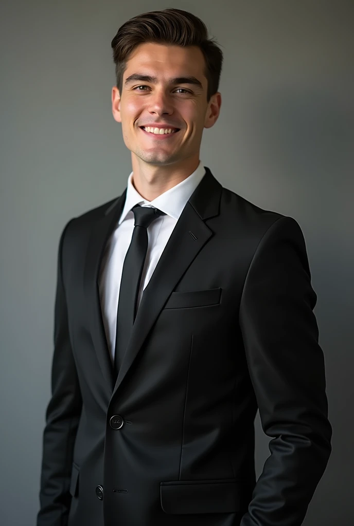 Young man wearing black suite standing in front of decent background. Facing at camera. Posing for linkedin profile picture. 