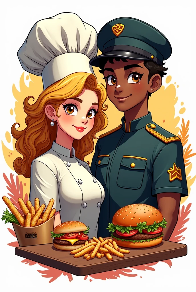 Create me an image that represents my restaurant, where the female chef with curly blonde hair and brown eyes is next to a black-skinned man who is a soldier and both surrounded by food, with a white background and it is animated like anime graffiti and it is for the logo of my restaurant that does not have letters. Try not to make it full body, only the faces surrounded by fast food
