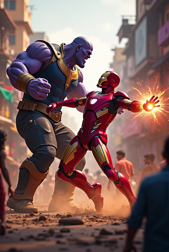 Thanos and iron man fighting in the market in india iron man defeats  Thanos 