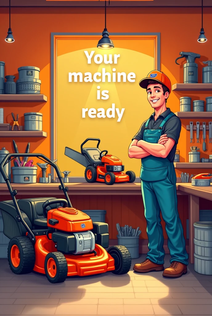 A gardening machinery maintenance shop, chainsawman, Mowing, The image must be illustrative and indicate that maintenance is already complete., the customer can come and pick it up. I need a man, character that symbolizes that the service and the product are OK, besides it being written that the machine IS ready. The color I want inside the image is orange, It needs to contain the color orange as it is the base color of the store. The phrase ''your machine is ready'' must be written