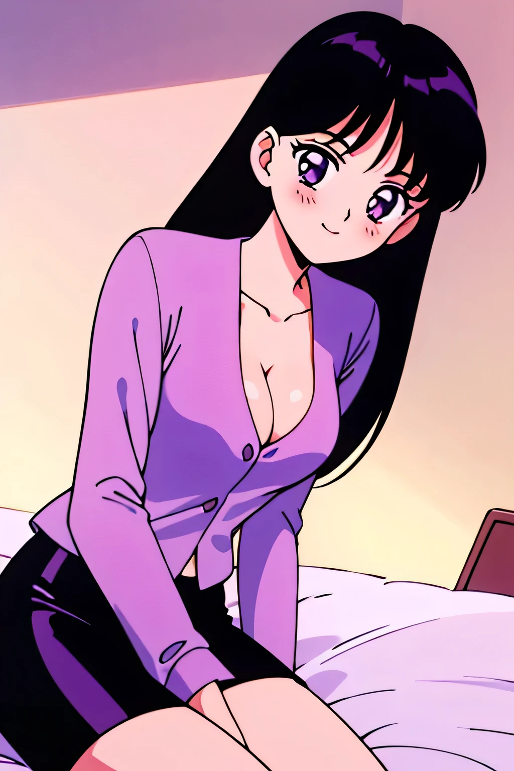 1990s \(style\), Best quality, masterpiece, 1girl, solo, Teenager, Rei Hino, Long black hair, purple eyes, Smile, dressed in white v neck long sleeve shirt with a black pencil skirt. medium breast, laying in bed, blush, looking at viewer, indoor, in the center, cleavage, 