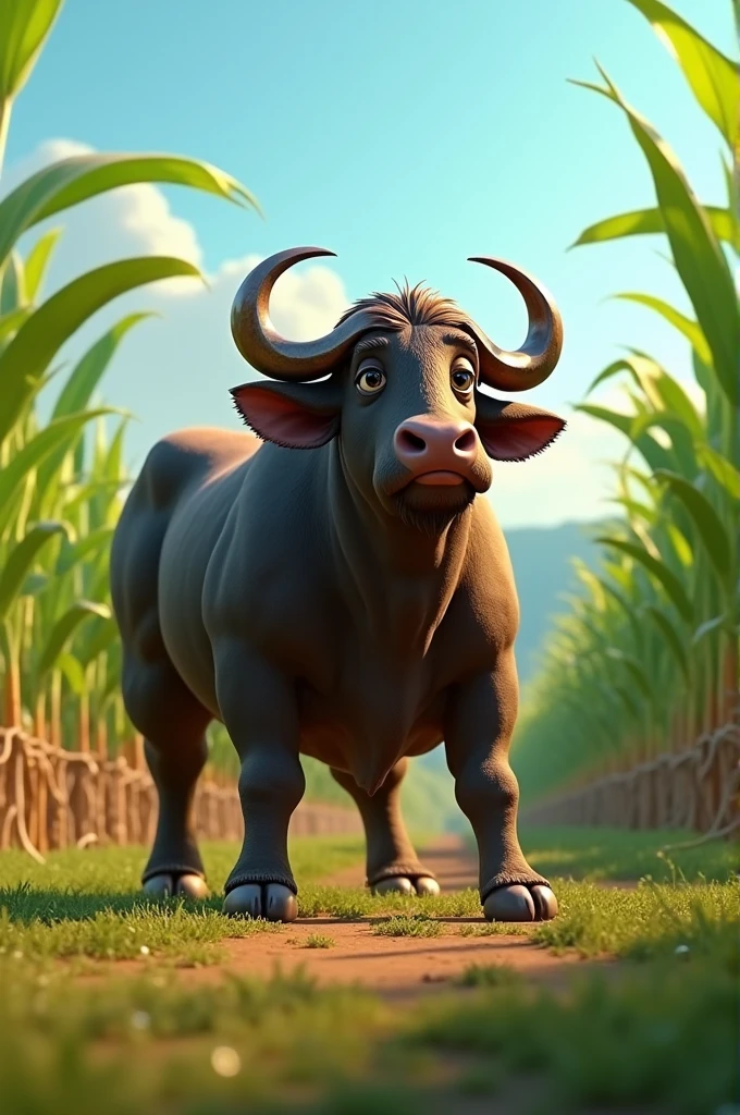 An animated sugar cane harvester depicting a buffalo