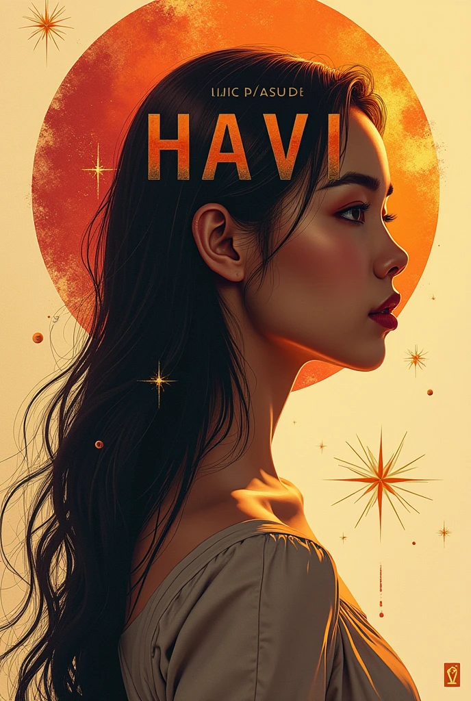 centralized writing HA VI with a capital letter and PHAM with a lowercase letter, written with planet being the name highlighted
with planet elements, the shadow of a woman making a headline, a radiant star, a simple contemporary art background,hong khong 90s, long hair