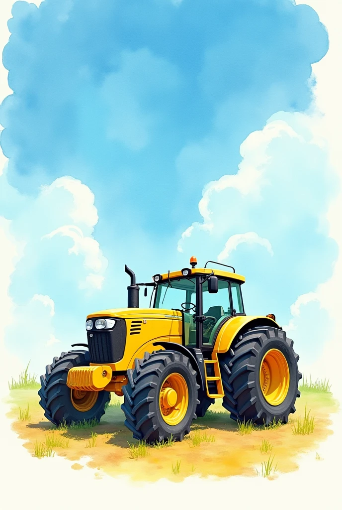yellow tractor side painted drawing watercolor, with blue watercolor background and clouds as painting