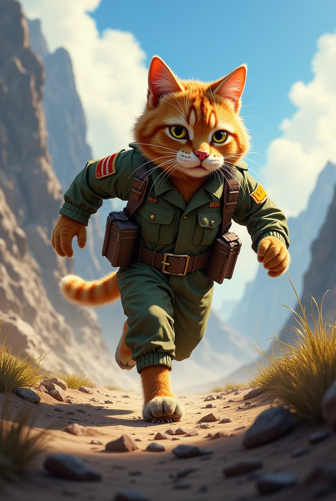 A dynamic scene of Sam, the soldier cat, in action on a battlefield. He is in his military uniform, moving with courage and focus. The background shows a rugged landscape with a mix of mountains and clouds, emphasizing the intensity and determination of Sam’s character while on duty."