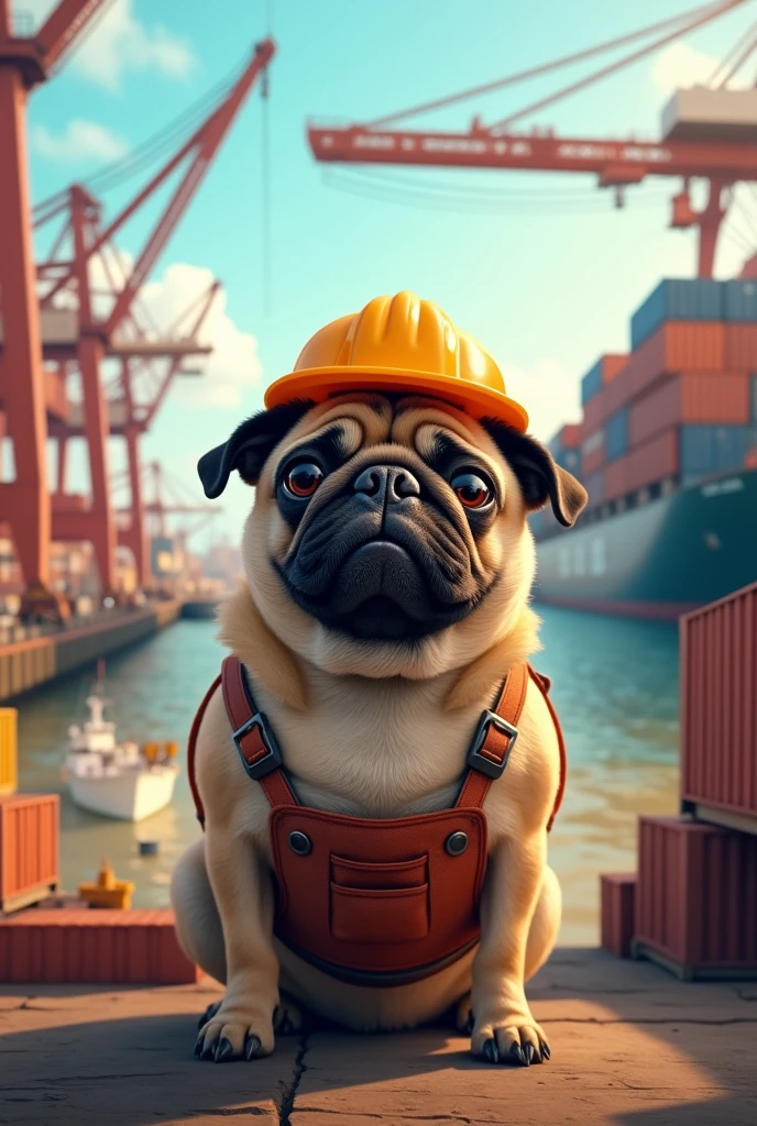 an engineer pug dog, friendly, in a port loading ships.
