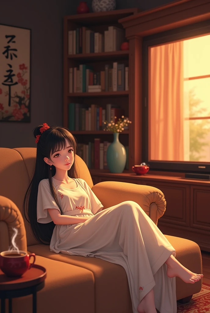 Chinese girl sitting in a tv lounge