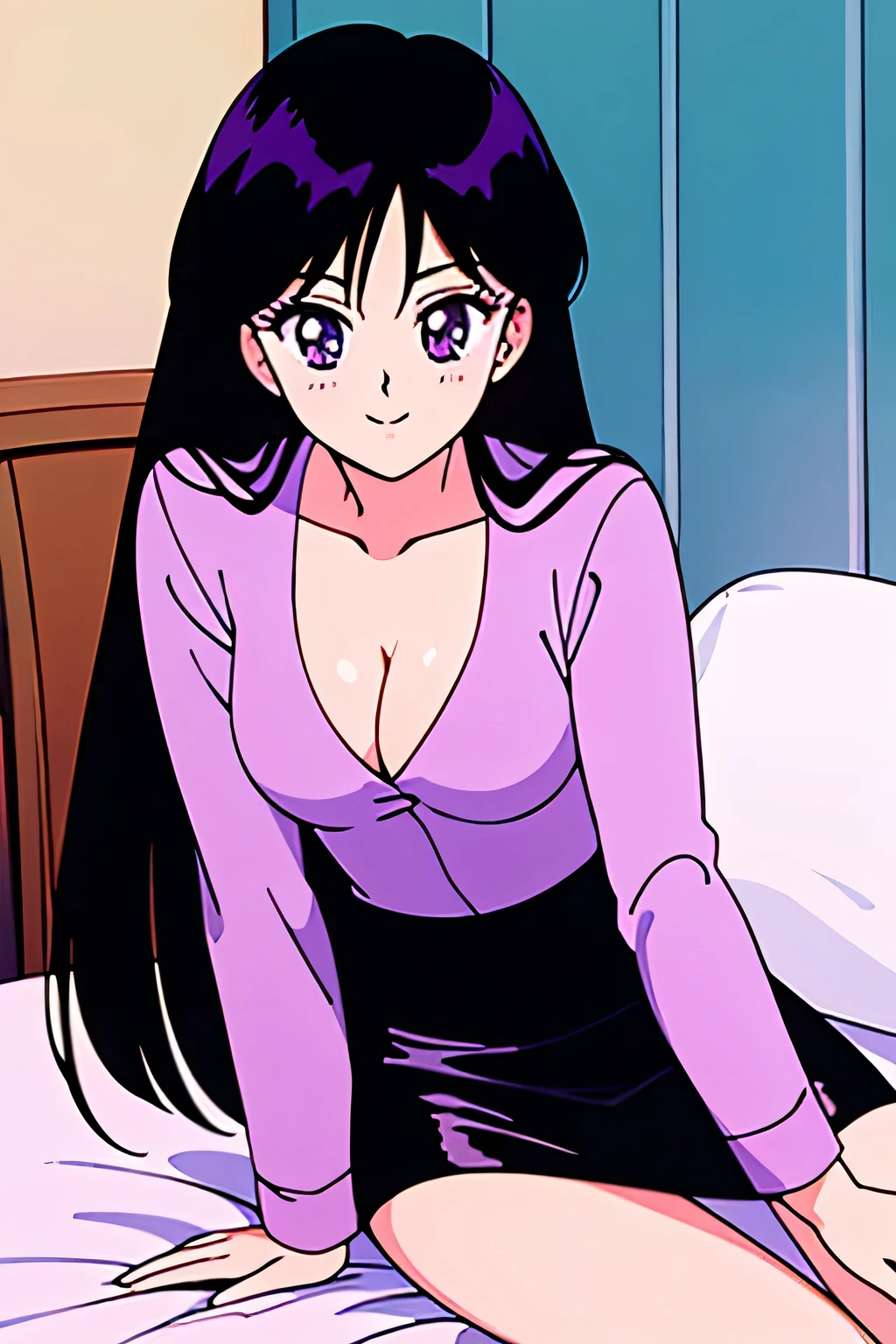 1990s \(style\), Best quality, masterpiece, 1girl, solo, ager, Rei Hino, Long black hair, purple eyes, Smile, dressed in white v neck long sleeve shirt with a black pencil skirt. medium breast, laying in bed, blush, looking at viewer, indoor, in the center, cleavage, 