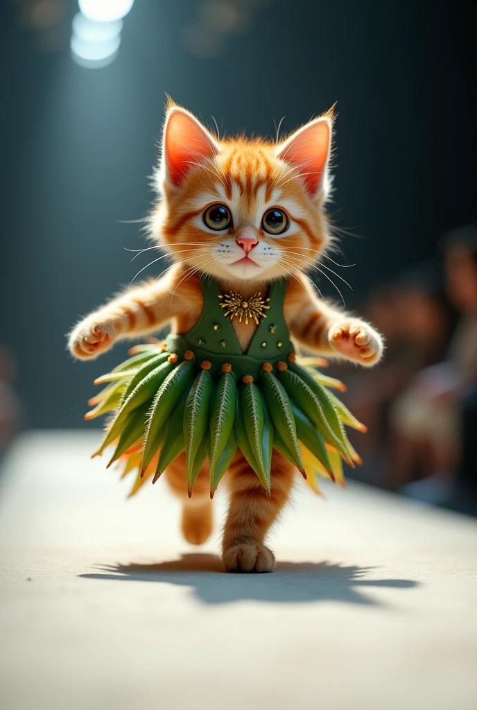 (photorealism:1.2), cute cat wearing cactus dress walking on the runway