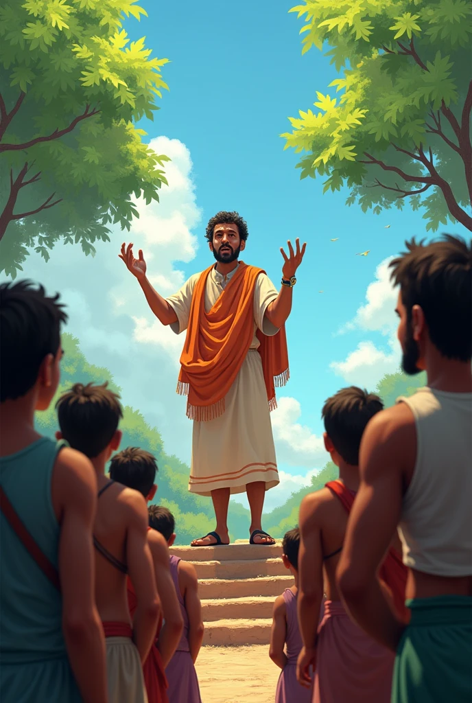 Ramu stands on a small platform or steps of the village temple, addressing a gathering of villagers, including men, women, and children of various ages. He speaks passionately, gesturing with his hands, while the villagers listen attentively, with expressions of inspiration and admiration. Behind him, there are trees and a clear blue sky, reflecting a hopeful and bright future.