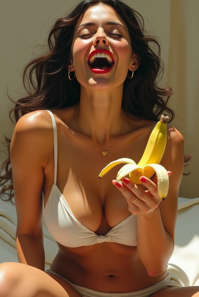 Tremendously beautiful。30th Generation。A woman experiencing sexual climax。With your right hand、holding a peeled banana。While feeling ecstasy、Like giving a blowjob、Banana in a naughty way、eating。Her mouth is wide open in excitement。Looking at the front、Seducing men
