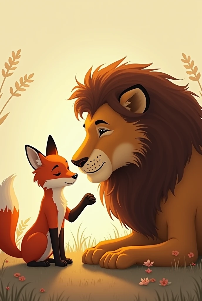 Comforting Scene**: The fox comforting the lion, with a gentle expression, illustrating their bond during tough times.