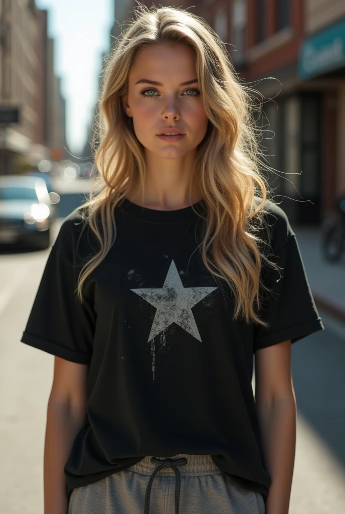 1 young girl blonde wavy long hair down to mid-back, fair skin. cute pretty. 5 foot 11 inches tall. grey eyes, slightly baggy joggers and a loose black shirt with a distressed gray insignia emblazoned across the chest,
looks like bucky barnes's daughter