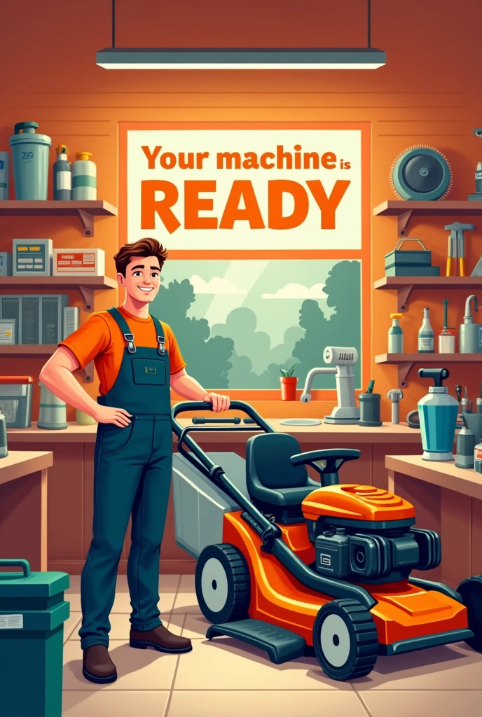 A gardening machinery maintenance shop, chainsawman, Mowing, The image must be illustrative and indicate that maintenance is already complete., the customer can come and pick it up. I need a man, character that symbolizes that the service and the product are OK, besides it being written that the machine IS ready. The color I want inside the image is orange, It needs to contain the color orange as it is the base color of the store. The phrase ''your machine is ready'' must be written