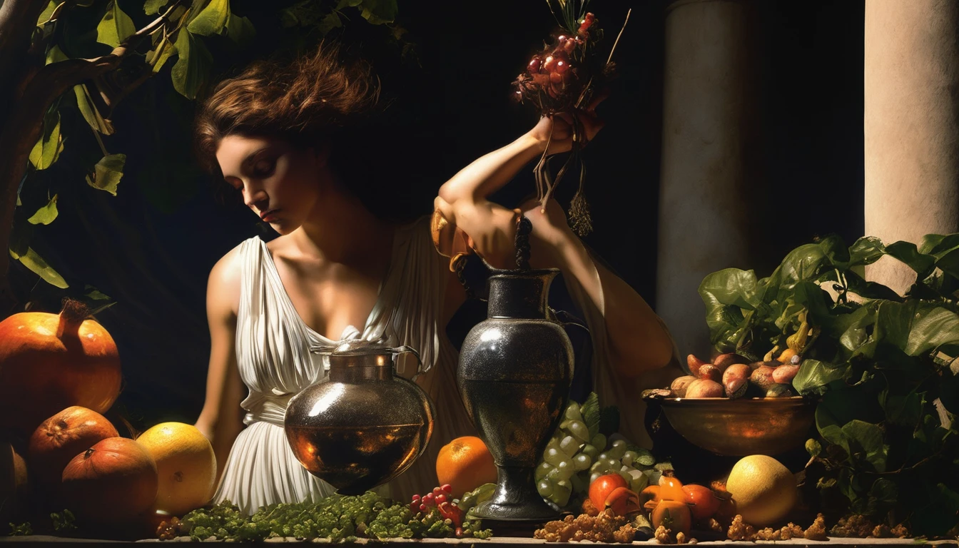 caravaggio lighting; high contrast; hyper-realism; Circe witch from madeline miller; her pig and leon; island of Circe; Godess; realism; circe is working in her garden; mistery; strenght; beautiful women; circe is collecting ingredients to do her potions; beautiful semi-transparent dress; greek mythology