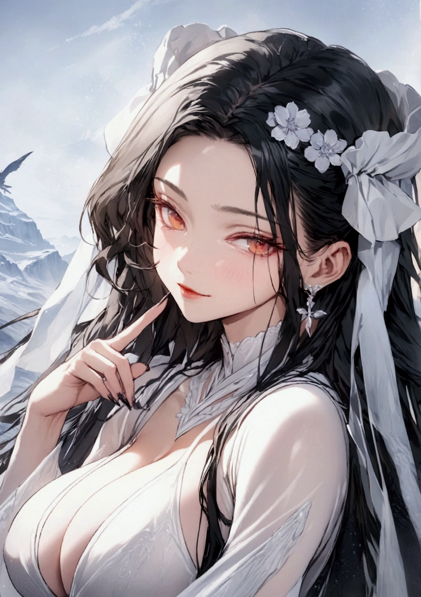 Beautiful anime art style,colorful digital fantasy art,perfect lighting, cinematic shadows,Highres,Real person CG,cleavage, masterpiece, best quality,Outrageous resolution,top quality, beautiful wallpaper girl art, 8 thousand,super detailed skin,sharp focus,depth of field,masterpiece,ultra-definition,4K+,8K+,Anime girl,2D,1 girl,solo, curvy, very wide hips, big ass, narrow waist, thick thighs, very huge breasts, large breast ,Anatomically correct, A beautiful woman, 20th Generation, Beautiful breasts,huge breasts:1.82,big breasts, sexy body, body curve, slender body,distinct_image, highly detailed, semi realistic,beautiful anime style,focus face,focus body shape,vibrant colors,detailed hands, detailed finger ,close up,anime character girl,asia girl,chinese girl,birght skin, black long hair, white dress, upper body, focus face, close up, close up face
